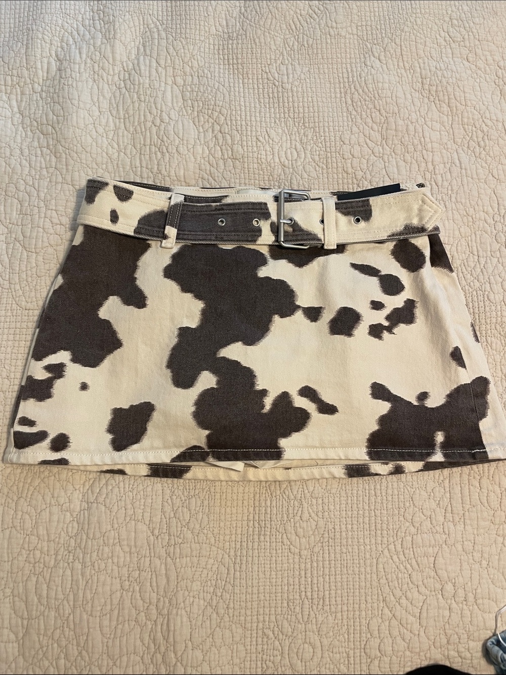Abercrombie & Fitch Cow-Print Mini Skirt in Cream and Brown with Belt